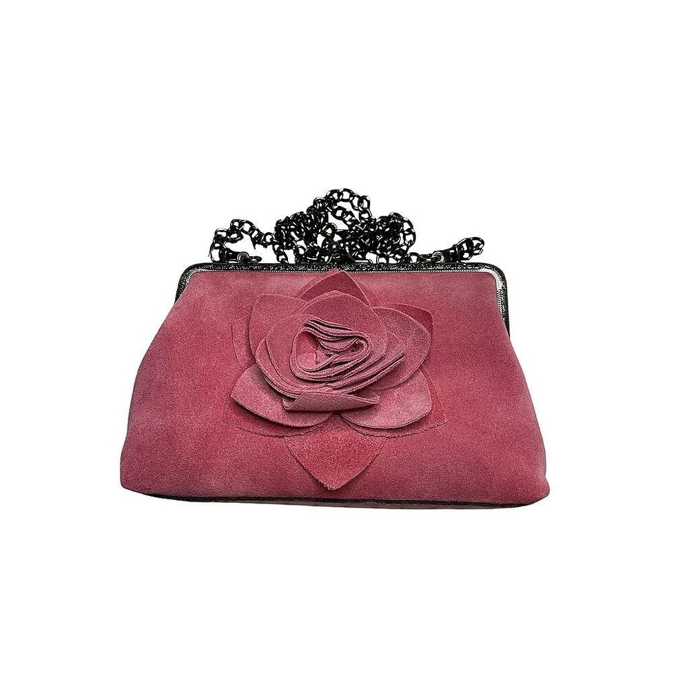 Patricia Nash Pink Suede Frame Crossbody Bag Rose Flower Kiss Lock Chain NWT